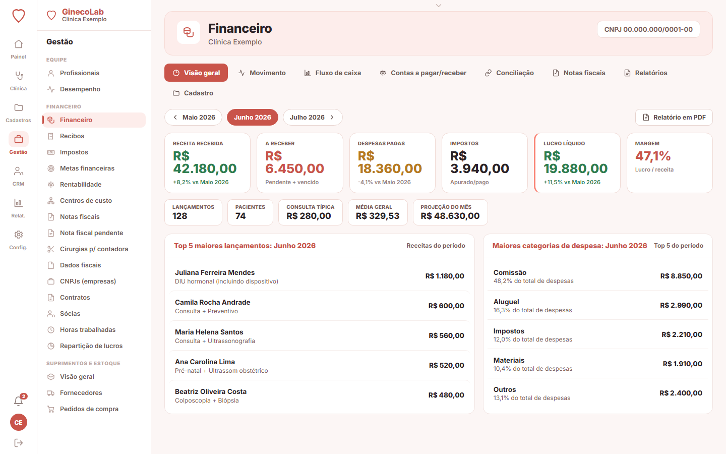 Painel financeiro e emissão de NF-e do GinecoLab